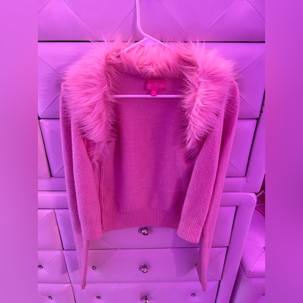 Sugar Thrillz Pink Faux Fur Collar Cardigan